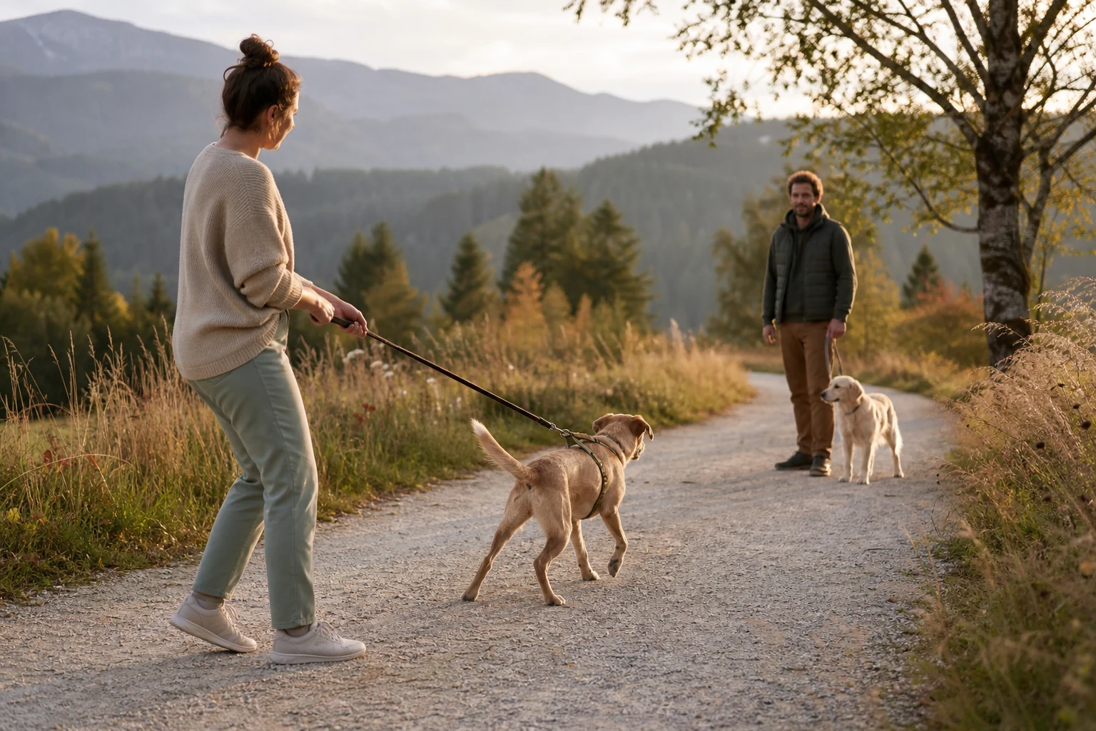 Angeleinter Hund wird bei einer Hundebegegnung ruhig geführt.