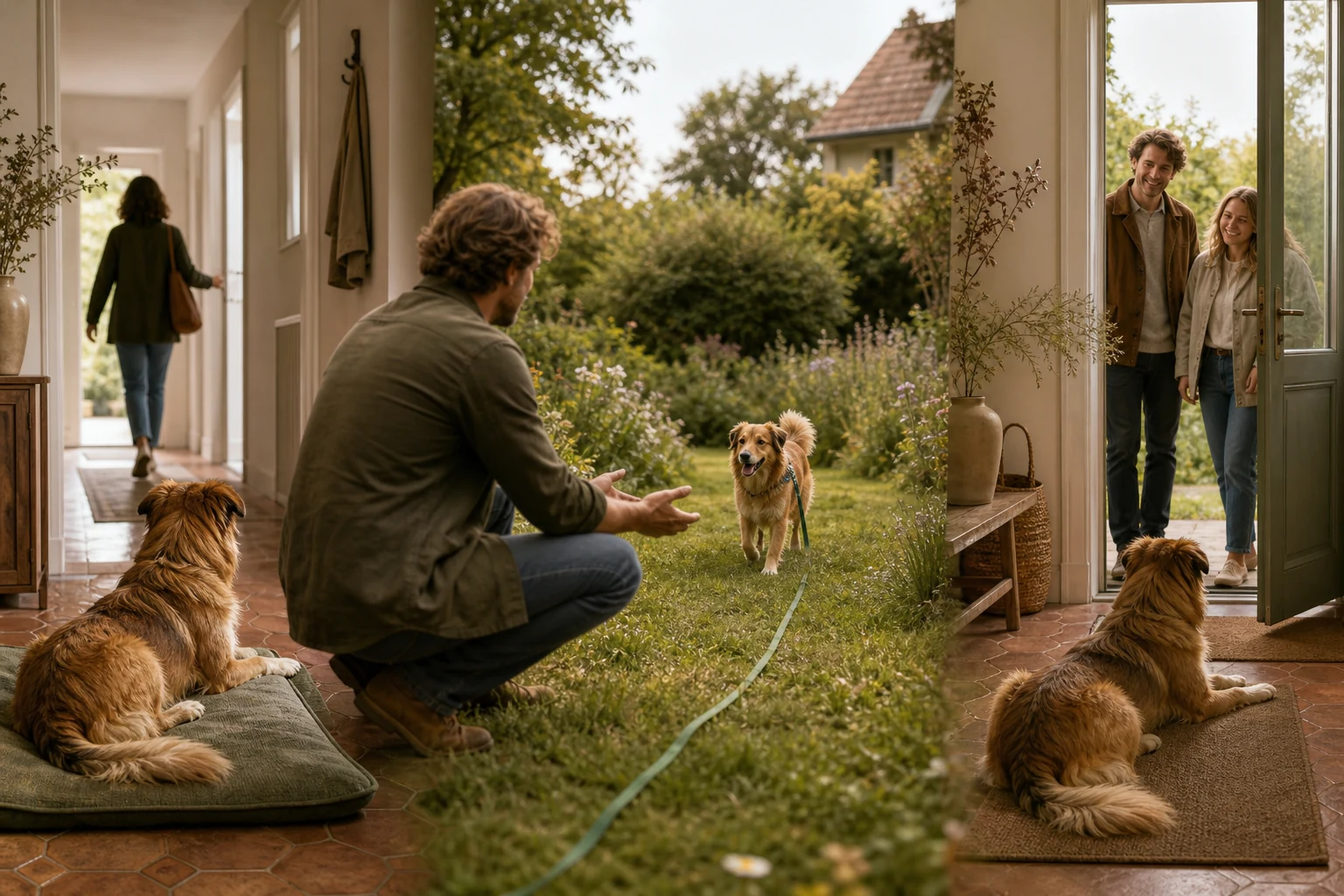 Hund bleibt bei einer Besuchssituation im Eingangsbereich ruhig ansprechbar.