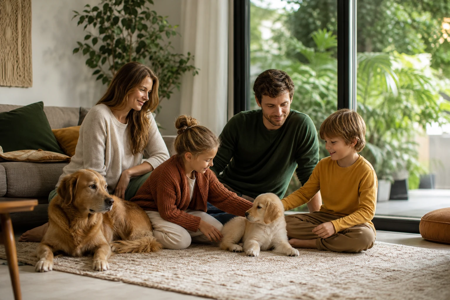 Familie verbringt ruhige Zeit mit Welpe und erwachsenem Familienhund.