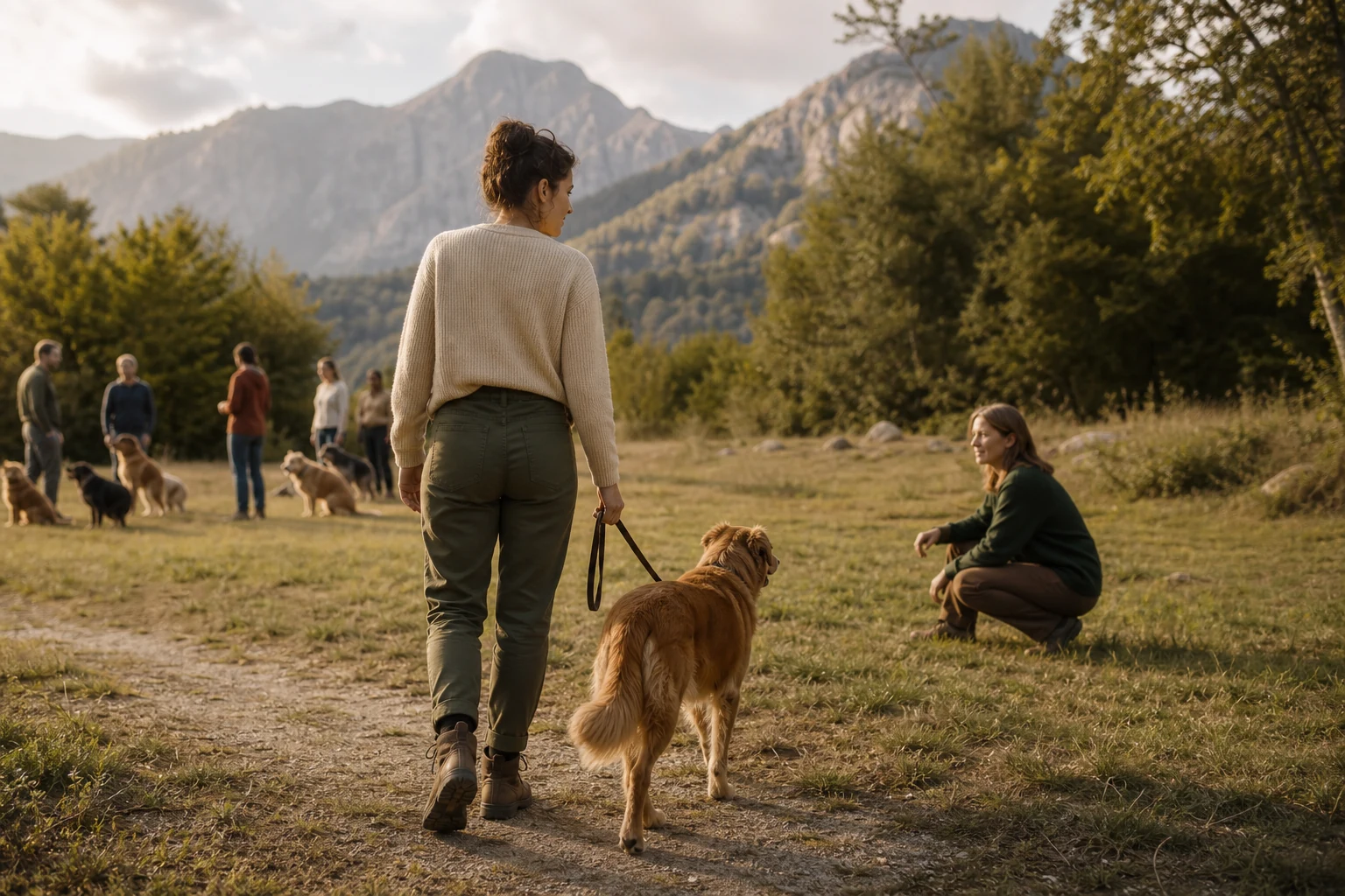 Individuelles Hundecoaching neben einer Trainingsgruppe in ruhiger Umgebung.