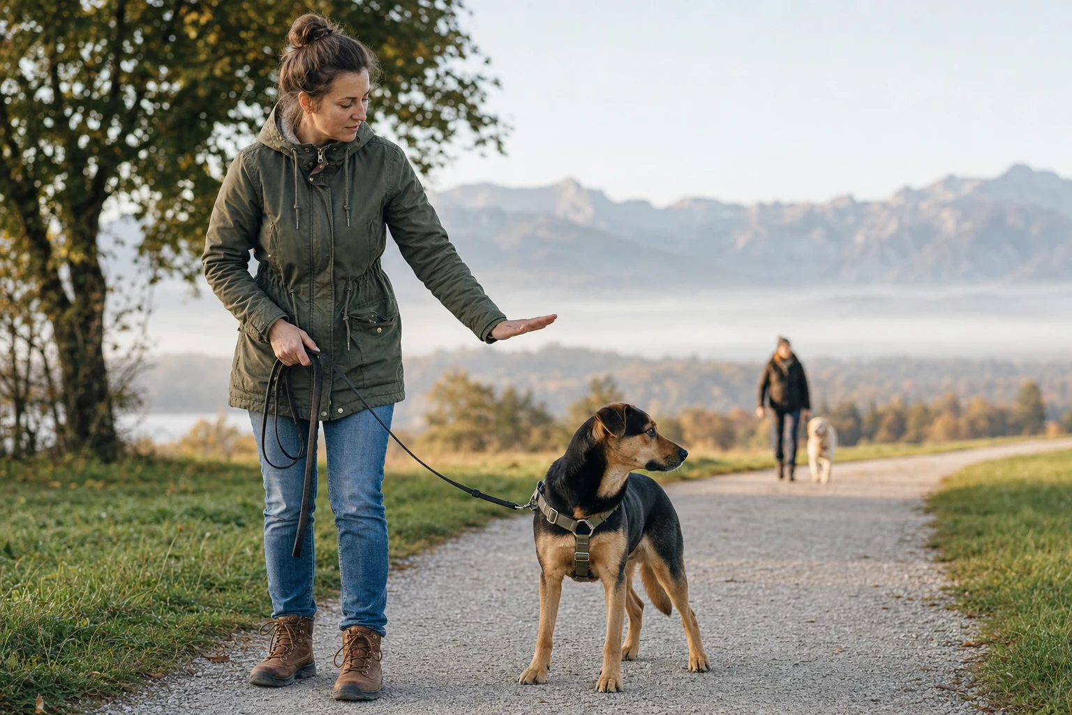 Hund und Halterin gehen entspannt auf einem Weg mit weiter Landschaft im Hintergrund.