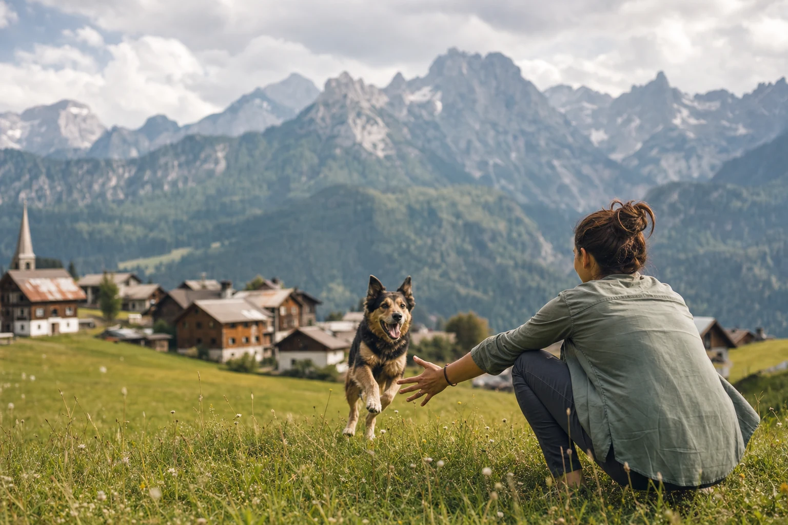 Hund läuft in einer Wiese freudig zu einer knienden Person zurück.